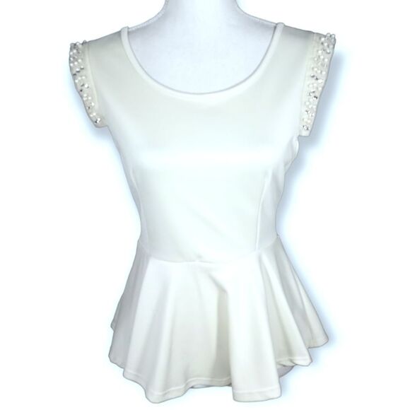 SCOBE IVORY PEPLUM TOP W/EMBELLISHMENTS SZ.M EUC - Picture 1 of 7